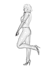 Contour of a girl standing on one leg, elegantly lifting her leg and raising her hand to her face. Curly hair. Vector illustration. Slim body, high heels, short hair, long legs. Young adult lady.