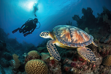 a person scubaing in the ocean with a turtle on it's back and some corals around him. Generative Ai