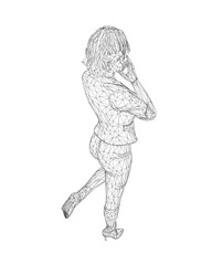 Fototapeta na wymiar Wireframe of a girl standing on one leg, elegantly lifting her leg and raising her hand to her face. Curly hair. Vector illustration. Slim body, high heels, short hair, long legs. Young adult lady..