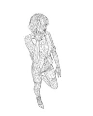 Fototapeta na wymiar Wireframe of a girl standing on one leg, elegantly lifting her leg and raising her hand to her face. Curly hair. Vector illustration. Slim body, high heels, short hair, long legs. Young adult lady..