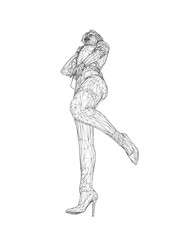 Wireframe of a girl standing on one leg, elegantly lifting her leg and raising her hand to her face. Curly hair. Vector illustration. Slim body, high heels, short hair, long legs. Young adult lady..