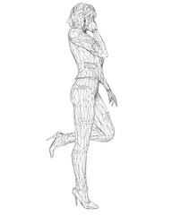 Wireframe of a girl standing on one leg, elegantly lifting her leg and raising her hand to her face. Curly hair. Vector illustration. Slim body, high heels, short hair, long legs. Young adult lady..
