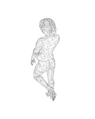 Wireframe of a girl standing on one leg, elegantly lifting her leg and raising her hand to her face. Curly hair. Vector illustration. Slim body, high heels, short hair, long legs. Young adult lady..