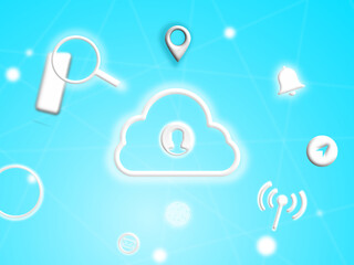 Communication icon cloud with people, location, Messages, mobile phone, magnifying glass and envelope on blue sky technology background. Illustration 3D for content online network , cloud storage