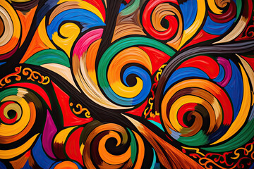 Fototapeta na wymiar an abstract painting with swirls and curves in red, orange, blue, yellow, green, black and white. Generative Ai