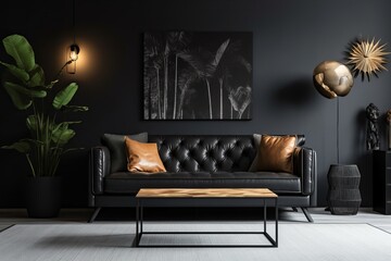 Contemporary Leather Sofa and Black Walls Elevate the Style of this Living Room, Generative AI.