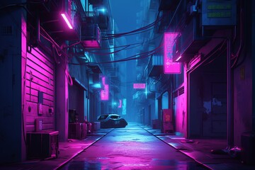 A Cyberpunk-Inspired Dark Alley Illuminated by Pink and Blue Gradient Neon Lights in Neo-Noir Style, Generative AI. - obrazy, fototapety, plakaty