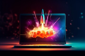 Neon-Lit Startup: Rocket Illustration Bursting from Laptop Screen, Generative AI.