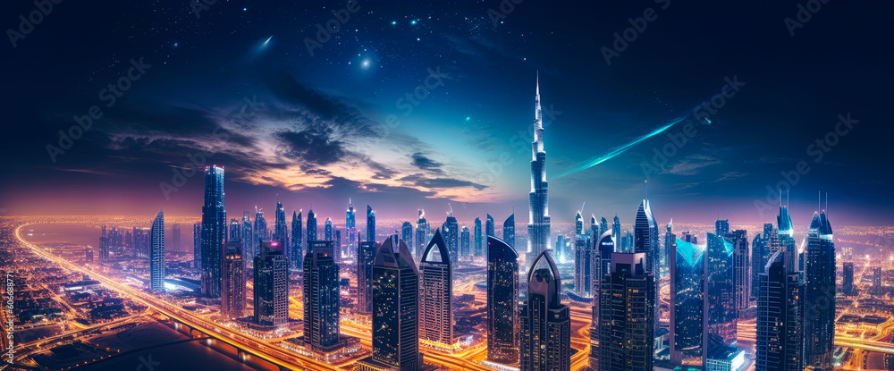 Wall mural A panoramic view of the Dubai city skyline at night - Generative AI