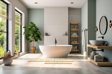 Naklejka na ściany i meble A luxurious bathroom with a freestanding bathtub and elegant fixtures - Generative AI