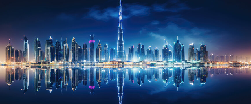 A panoramic view of the Dubai city skyline at night - Generative AI