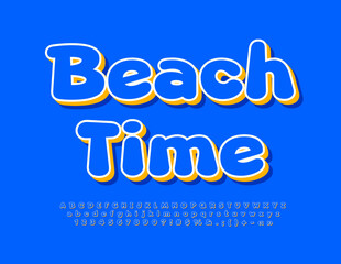 Vector touristic Banner Beach Time. Cute Blue and Yellow Font. Modern creative Alphabet Letters, Numbers and Symbols set