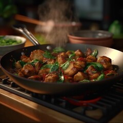 Stir Fried Basil with Crispy Pork, Hot Pan, Spicy Thai Food