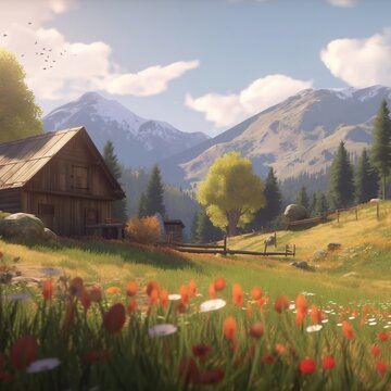 A wide meadow surrounded by houses and mountains.