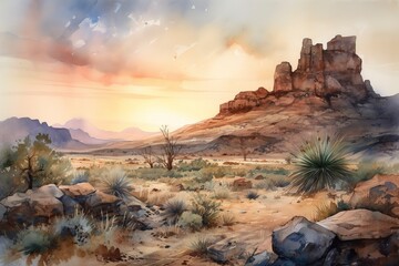 watercolor digital painting of a sunrise in the desert of a mystical planet, pastel colors with clouds and rocks, generative ai