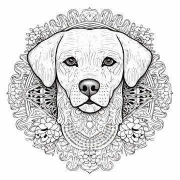 Illustration doodle Labrador dog portrait coloring book black and white for adults and kids isolated line art on white background. Royal engraving.