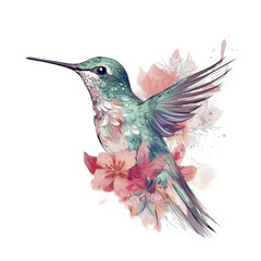 Obraz premium Watercolor hummingbird and flower Ai Generative