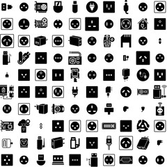 Collection Of 100 Adapter Icons Set Isolated Solid Silhouette Icons Including Electric, Device, Electricity, Technology, Adapter, Plug, Power Infographic Elements Vector Illustration Logo
