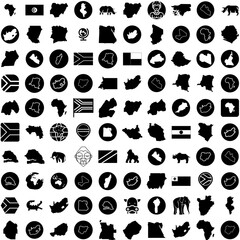 Collection Of 100 Africa Icons Set Isolated Solid Silhouette Icons Including Travel, Illustration, Map, Background, Vector, Africa, Continent Infographic Elements Vector Illustration Logo - obrazy, fototapety, plakaty
