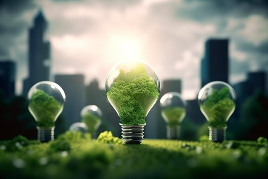 Energy Consumption And CO2 Gas Emissions Are Increasing Light Bulbs With Green Eco City, Renewable Energy By 2050 Carbon Neutral Energy, Save Energy Creative Idea Concept