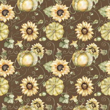 Watercolor hand drawn pumpkin and sunflower seamless pattern. Autumn florals repeat paper. Beautiful textile print