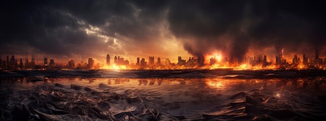 Post apocalypse. Nuclear apocalypse survivor. Ruined Cityscape. Concept. Banner size. Header, A nuclear explosion in the center of the metropolis. The beginning of apocalyptic, generate ai