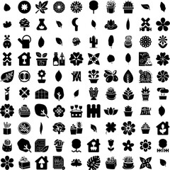 Collection Of 100 Botanical Icons Set Isolated Solid Silhouette Icons Including Drawing, Vintage, Leaf, Design, Botanical, Plant, Illustration Infographic Elements Vector Illustration Logo