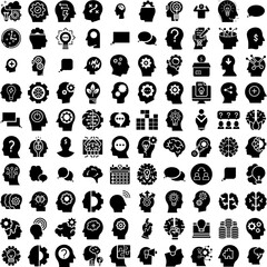 Collection Of 100 Brainstorming Icons Set Isolated Solid Silhouette Icons Including Creative, Brainstorming, Meeting, Brainstorm, Strategy, Business, Team Infographic Elements Vector Illustration Logo