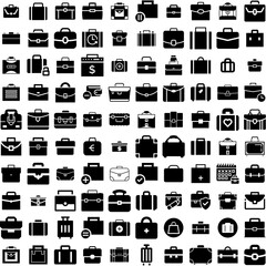 Collection Of 100 Briefcase Icons Set Isolated Solid Silhouette Icons Including Bag, Business, Case, Briefcase, Office, Design, Suitcase Infographic Elements Vector Illustration Logo
