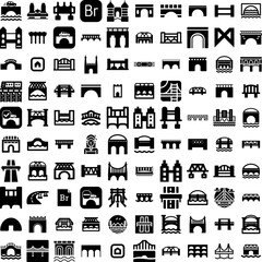 Collection Of 100 Bridge Icons Set Isolated Solid Silhouette Icons Including Travel, City, Architecture, Bridge, Sky, Structure, Landmark Infographic Elements Vector Illustration Logo - obrazy, fototapety, plakaty