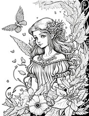 Princess vector coloring book black and white for kids and adults isolated line art on white background.