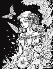 Princess illustration coloring book black and white for adults and kids isolated line art on black background.