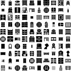 Collection Of 100 Dresser Icons Set Isolated Solid Silhouette Icons Including Decor, Home, Design, Furniture, Interior, Modern, Dresser Infographic Elements Vector Illustration Logo