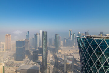 Aerial view of west bay Doha foggy Morning 