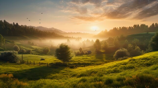 Peaceful landscape of a sunrise over the green mountains. Generative AI.