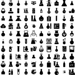 Collection Of 100 Flask Icons Set Isolated Solid Silhouette Icons Including Test, Equipment, Chemical, Laboratory, Flask, Chemistry, Science Infographic Elements Vector Illustration Logo