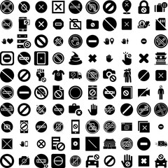 Collection Of 100 Forbidden Icons Set Isolated Solid Silhouette Icons Including Stop, Ban, Forbidden, Sign, Red, Icon, Symbol Infographic Elements Vector Illustration Logo