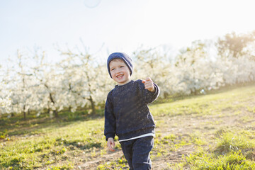 Cheerful boy 3 years old on a walk in a blooming garden. A little boy, 3 years old, in a sweater and a hat, runs through a blooming garden. Clothes for children aged 3 years. Emotions of child's joy