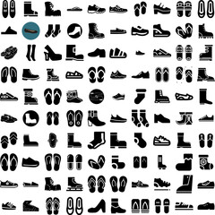 Collection Of 100 Footwear Icons Set Isolated Solid Silhouette Icons Including Female, Fashion, Footwear, Shoes, Foot, Shoe, Casual Infographic Elements Vector Illustration Logo - obrazy, fototapety, plakaty