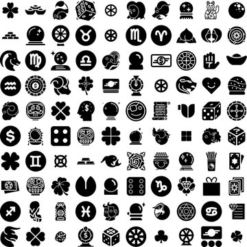 Collection Of 100 Fortune Icons Set Isolated Solid Silhouette Icons Including Luck, Chance, Background, Success, Lucky, Fortune, Lottery Infographic Elements Vector Illustration Logo