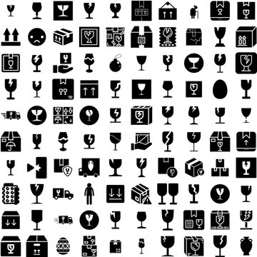 Collection Of 100 Fragile Icons Set Isolated Solid Silhouette Icons Including Symbol, Sign, Delivery, Label, Cargo, Fragile, Packaging Infographic Elements Vector Illustration Logo