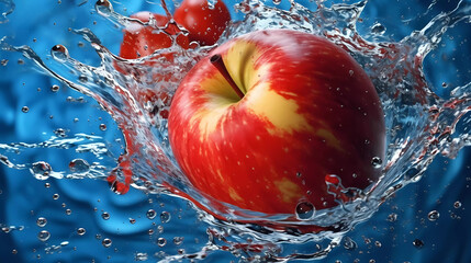 Juicy, fresh apples in clear water splashes, front view.