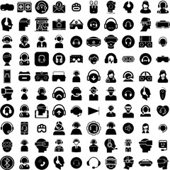 Collection Of 100 Headset Icons Set Isolated Solid Silhouette Icons Including Headset, Customer, Device, Support, Service, Technology, Call Infographic Elements Vector Illustration Logo