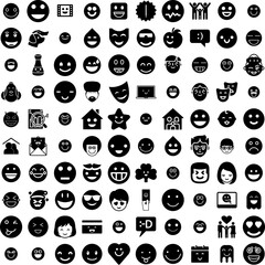 Collection Of 100 Happy Icons Set Isolated Solid Silhouette Icons Including Party, Happy, 2023, Background, Vector, Greeting, Holiday Infographic Elements Vector Illustration Logo