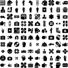 Collection Of 100 Injury Icons Set Isolated Solid Silhouette Icons Including Health, Injury, Pain, Man, Medical, Male, Accident Infographic Elements Vector Illustration Logo