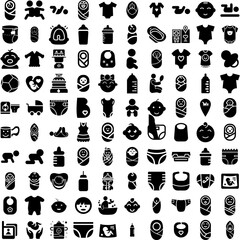Collection Of 100 Infant Icons Set Isolated Solid Silhouette Icons Including Child, Kid, Infant, Newborn, Baby, Little, Cute Infographic Elements Vector Illustration Logo