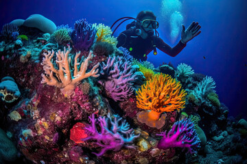 Naklejka na ściany i meble a person scubaing in the ocean with colorful corals and sea anemones on their reef, maldives islands. Generative Ai