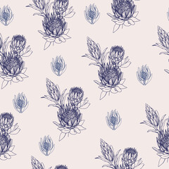 Seamless pattern with protea flower. Simple vector minimalistic wallpaper pattern with botanical element.