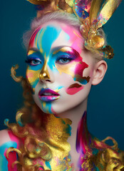 Obraz premium A colorful portrait of a beautiful young girl who has a face with modern, urban make-up and the whole face painted in vivid colorful paint. Illustration, Generative AI.