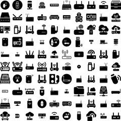 Collection Of 100 Modem Icons Set Isolated Solid Silhouette Icons Including Internet, Router, Modem, Digital, Connection, Technology, Wireless Infographic Elements Vector Illustration Logo - obrazy, fototapety, plakaty